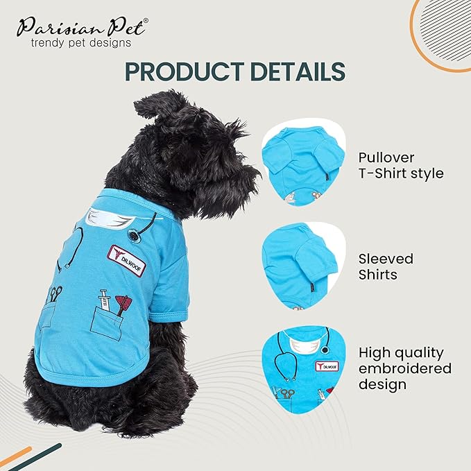 Parisian Pet Doctor Woof Dog Shirt - Embroidered Pirate Costume - 100% Cotton & Polyester Doctor Outfit - Sleeved Blue Funny Dog Shirts - XL