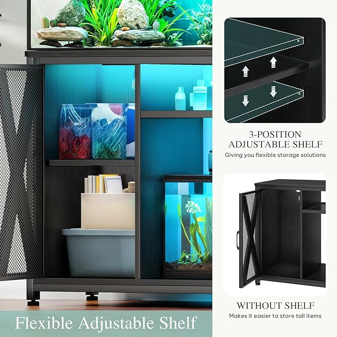 YITAHOME Fish Tank Stand with Power Outlets & LED Light, 40-50 Gallon Metal Aquarium Stand with Cabinet for Fish Tank Accessories Storage for Turtle Tank, Reptile Terrarium, 660LBS Capacity, Black