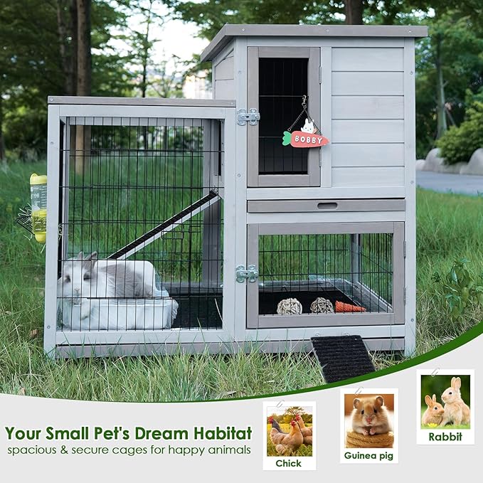 Rabbit Hutch Indoor Bunny Cage Outdoor House with Urine Guards and 2 Trays for Small Animals Guinea Pigs
