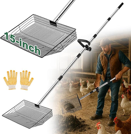 15-inch Large Chicken Poop Scooper, 5 in 1 Adjustable Chicken Coop Scoop with Ergonomic Grip, 24" to 77" Long Stainless Steel Sifting Litter Shovel Pooper Scooper Chicken Coop Accessories