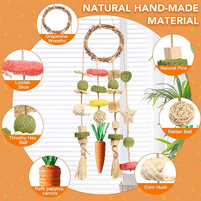Rabbit Chew Toys Bunny Cage Hanging Toy and Treats Rattan Ring with Snacks for Rodent Pets Teeth Healthy