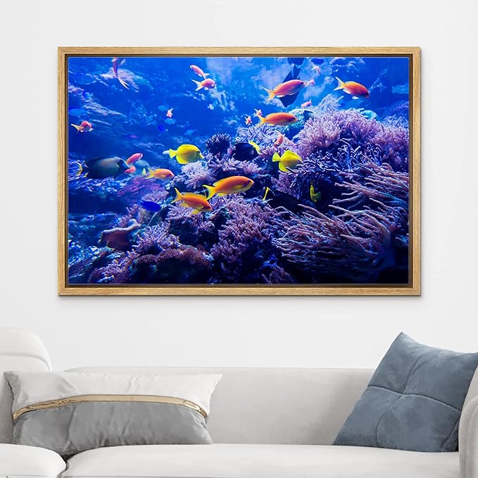 wall26 Framed Canvas Print Wall Art Purple Blue Vibrant Anemone Coral Reef Fish Nature Animals Realism Rustic Scenic Landscape Wilderness Colorful for Living Room, Bedroom, Office - 24"x36" Natural