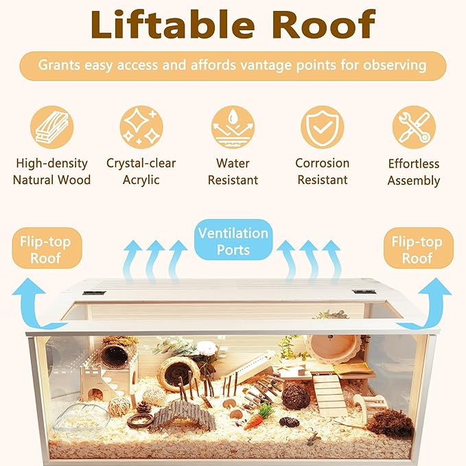 Hamster Cage Wooden Chew Proof, Extra Large Mice and Rat Habitat Openable Top with Acrylic Sheets Solid Built Small Animal Cage with Leg Stands, 48 Inch Long