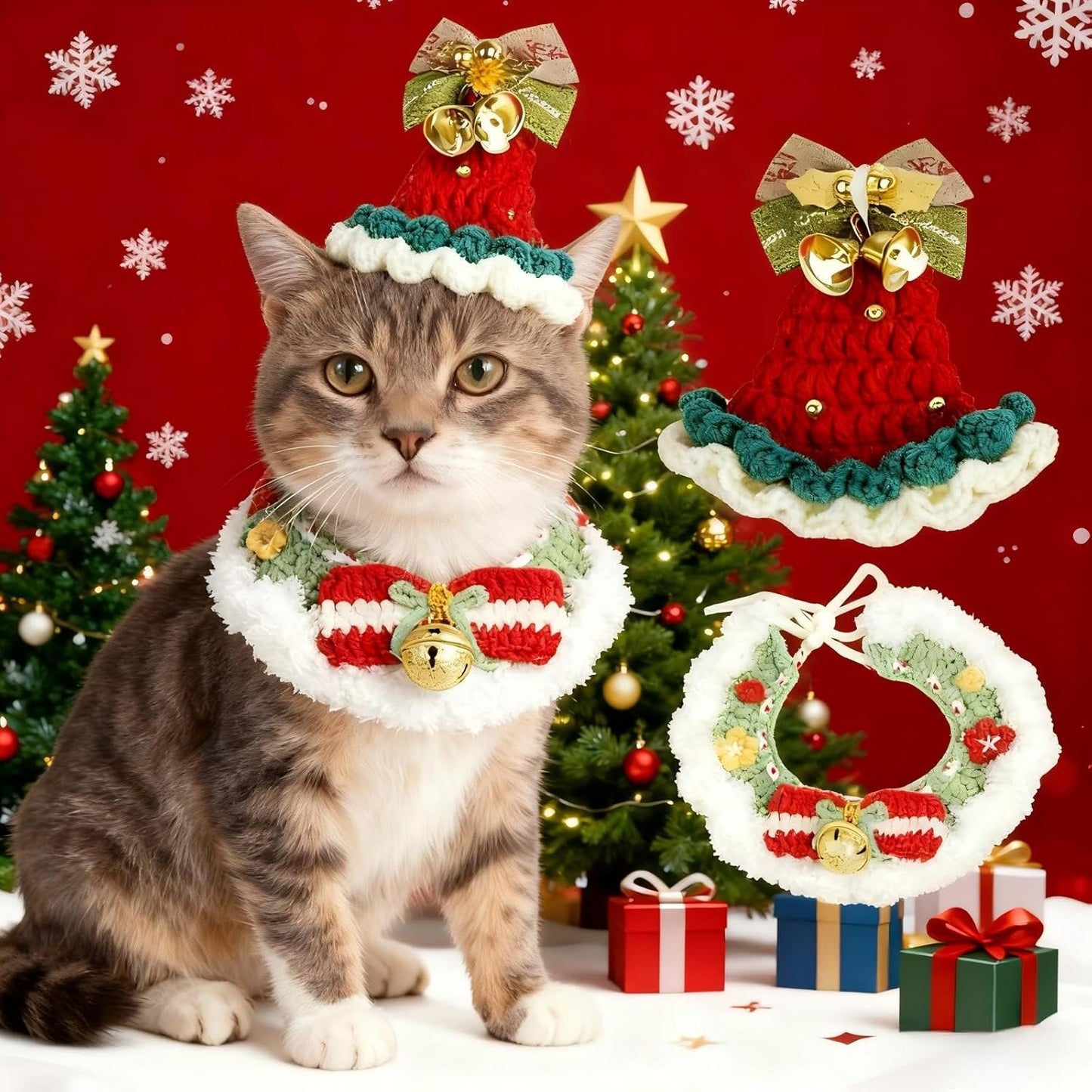 Christmas Dog Costume, Handmade Cat Holiday Outfit with Christmas Tree Hat & Wreath Scarf Set, Adjustable,Lightweight & Breathable,Pet Accessories for Rabbits Xmas Party & Photos (Small to Large size Pets)