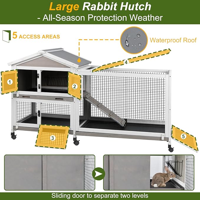 Rabbit Hutch Outdoor Indoor Bunny Hutch with Run 2-Story Large Rabbit Cage on 6 Wheels, 3 Leak Proof Trays, Ramp, Waterproof Roof for Small to Medium Animals, Expandable Design