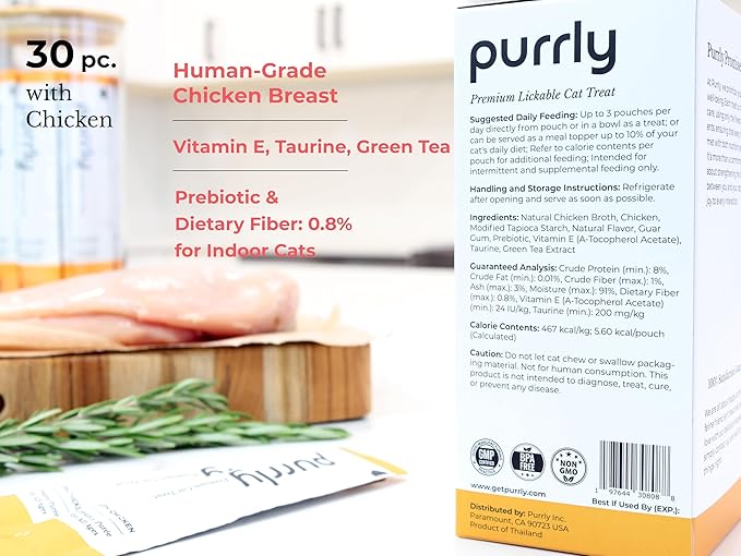 Purrly Lickable Wet Cat Treats Creamy Purée Human-Grade Chicken Breast with Prebiotic and Dietary Fiber for Digestive Health (30 Count) Non-Seafood Non-GMO No-Grains No-Artificial-Additives All Ages