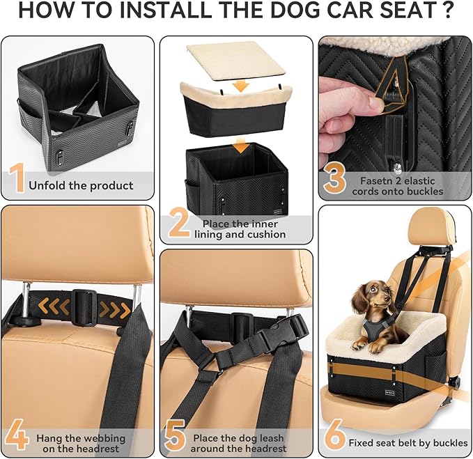PETSFIT Small Dog Car Seat, Waterproof PU Leather Dog Booster Car Seat with Patented Safe Buckles, Detachable Dogs Seat Belt for Car, Dog Car Seat Medium Sized Dog up to 30 lbs (Black)