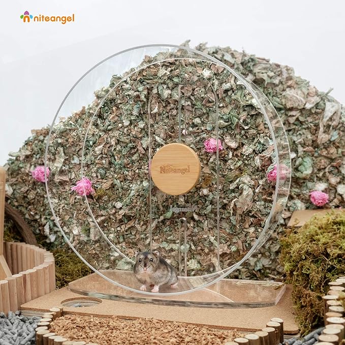Niteangel Silent Hamster Exercise Wheel - Dual-Bearing Quiet Spinning Acrylic Hamster Running Wheel for Hamsters, Gerbils, Mice, Degus, or Other Small Animals (Large - Wider Version)
