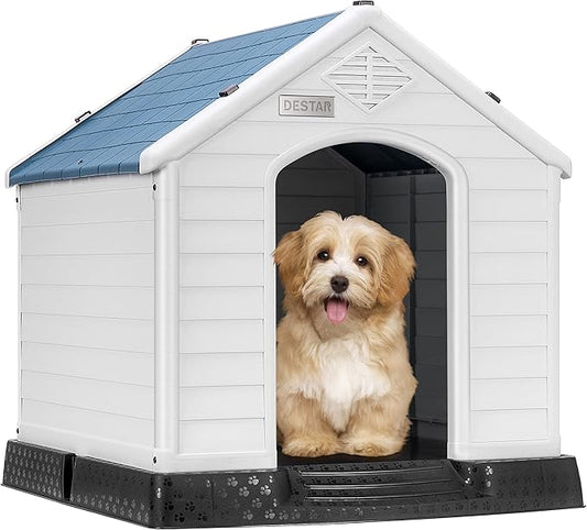 DEStar Durable Waterproof Plastic Pet Dog House Indoor Outdoor Puppy Shelter Kennel with Air Vents and Elevated Floor (Medium - 28" Height)