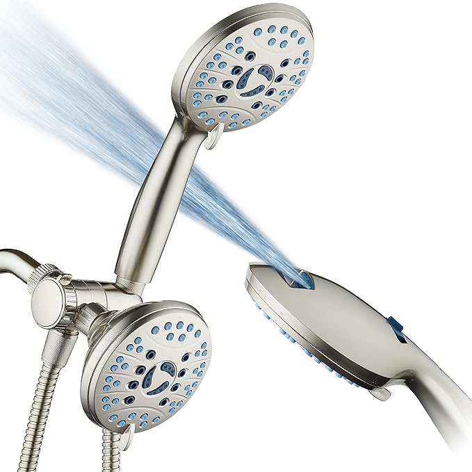 Hotel Spa AquaCare As-Seen-On-TV High Pressure 48-setting Rain & Handheld 3-way Shower Head Combo - Anti-clog Nozzles/Tub, Tile & Pet Power Wash/Extra Long 6 ft. Hose/Satin Nickel Finish