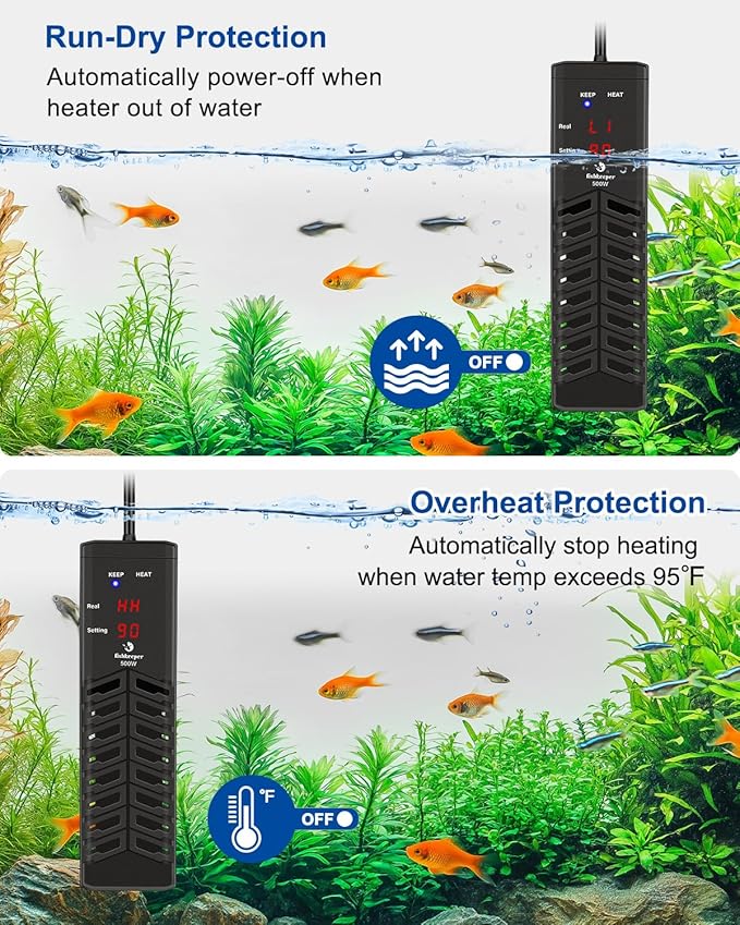 fishkeeper 800W Submersible Aquarium Heater – Ultra-Safe Digital Fish Tank Heater for 80-230 Gallon, Leaving Water Auto Power-Off, PID Intelligent Fast Heating, 59°F-93°F Accurate Temperature Control