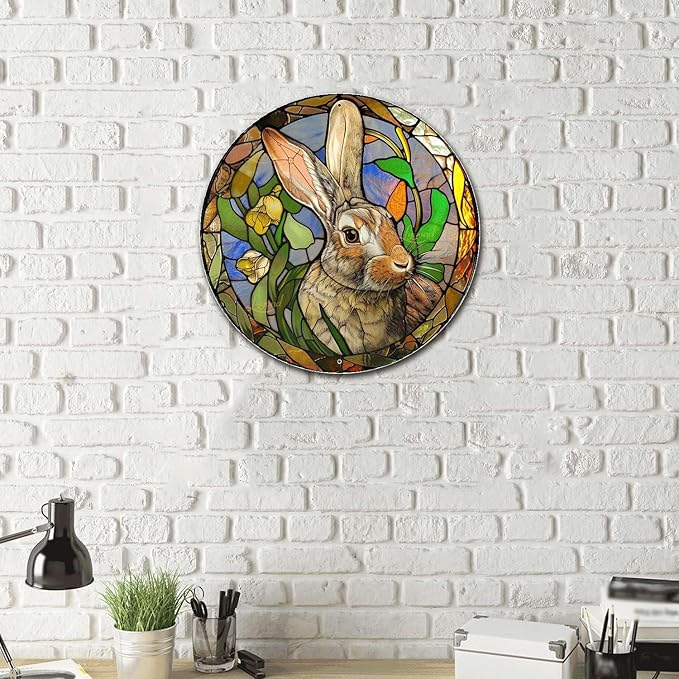 Lygond Metal Sign Tin Sign Circular Stained Glass Rabbit Restroom Tin Sign for Garden 8×8 Inches