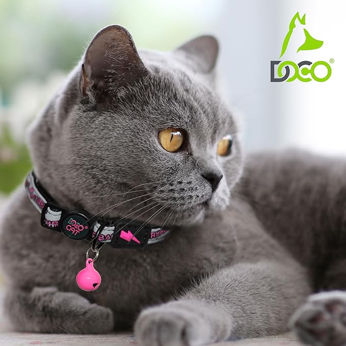 DOCO Cat Collar (Neck Girth - 3/8" x 7.5-12", Weight Upto - 13lb) Reflective Cat Collar with Bell, Breakaway Safety Buckle, Adjustable Nylon Strap for Kittens & Adult Cats (Pink)