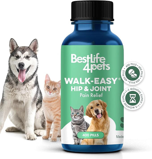 Walk-Easy Cat & Dog Joint Pain Relief, Effective Cat Pain Reliever, Anti Inflammatory & Natural Dog Hip and Joint Supplement Helps with Mobility, Limping, Hip Dysplasia and ACL Tear, 400 Small Pills
