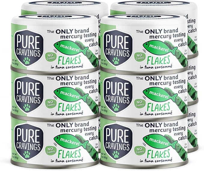 Mackerel Flakes in Tuna Consommé, Canned Wet Cat Food Soup, 100% Mercury-Tested, Moist Can Fish, Grain-Free Protein, Non-GMO, 3oz, Pack of 12