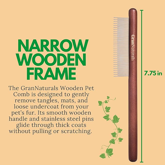 GranNaturals Wooden & Metal Pet Comb for Detangling Hair, Grooming Fur, Dematting for Large and Small Dogs, Long & Short Haired Cats