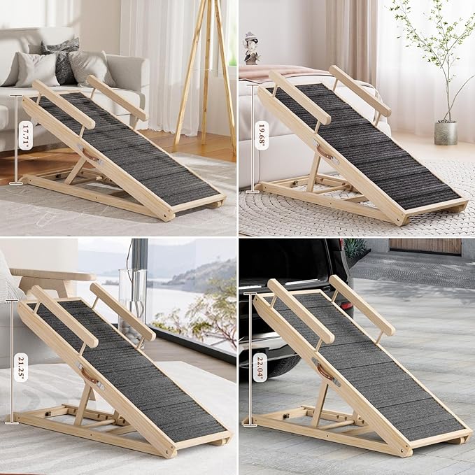 Dog Ramp for Bed, Couch, Car, Folding Pet Ramps 44.48" Long Adjustable 15"-22" Wooden Stairs with High Traction Mat & Safety Side Rails for Small & Medium Old Dogs & Cats, up to 200 lbs