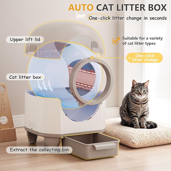 WARCAT Self Cleaning Litter Box Automatic, 90 L Automatic Cat Litter Box for Multiple Cats APP-Controlled with Smart Sensors, Safety Protection,Mat,1 Roll Garbage Bag (Brown)