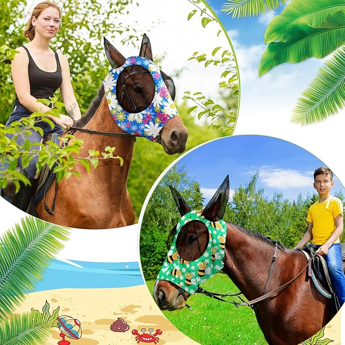 Chunful 6 Pcs Horse Fly Masks with Ears Smooth and Comfortable Cashel Mesh Fly Mask Elasticity Breathability UV Protection Horse Face Covering for Riding Supplies(Floral,Medium)