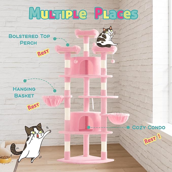 SHA CERLIN 73in Fan-Shaped Corner Cat Tower for Save Space/Multi-Level Tall Cat Tree for Indoor Kitties/Condo with Baskets/Cozy Perches/Sisal Scratching Posts/Pet Activity House/Pink