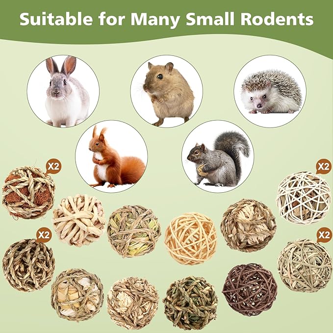 Bunny Chew Grass Balls, Rolling Chew Toys for Small Animals, Improving Dental Health, Natural Chew Grass Toys for Rabbits, Guinea Pigs, Chinchillas, Hamsters, Mice (16 Pcs)