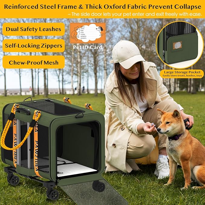 PAWZIDEA Expandable Pet Carrier with Wheels, 24x16x16in Large Cat Carrier for 2 Cats, Soft-Sided Dog Carriers for Small Medium Dog, Collapsible Rolling Travel Bag w/Telescopic Handle, XL Stroage Bag