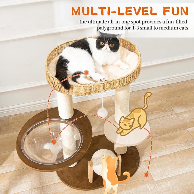 Modern Cat Tree for Indoor Cats, Wood Cat Tree with Natural Sisal-Covered Scratching Posts, Unique Cat Furniture Activity Center with Cat Scratching Ball Toy