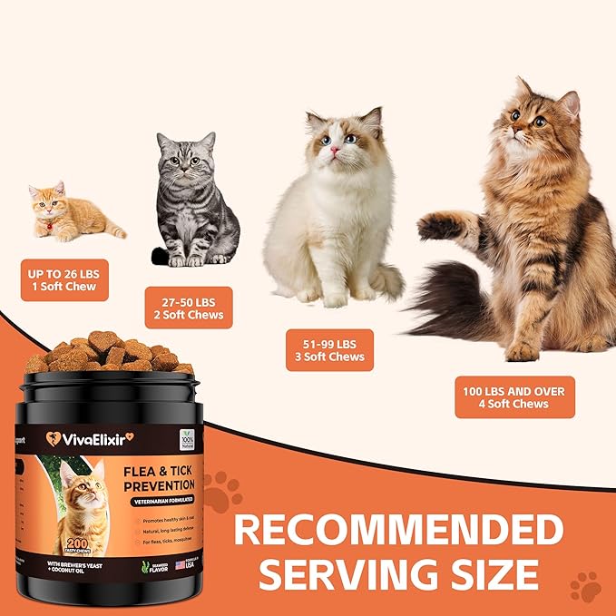 Flea & Tick Treatment for Cats – Natural Flea, Tick & Mosquito Prevention with Brewer’s Yeast, Coconut Oil – Skin & Coat Health, Immune Support – Vet Formulated 200 Chews