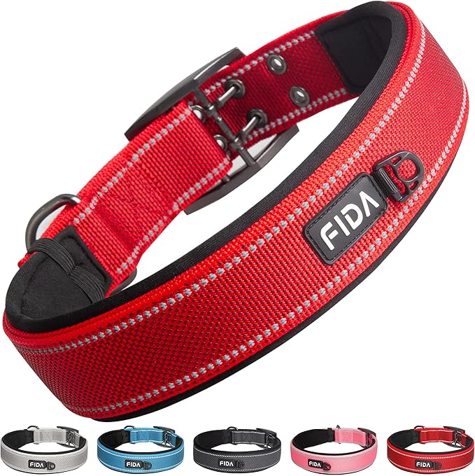 Fida Heavy Duty Dog Collar 1.5” Width, Ultra Soft Neoprene Padded, Adjustable Reflective Nylon Pet Collar with Two Metal Pin Belt Buckle for Large/X-Large Breeds (XL, Red)