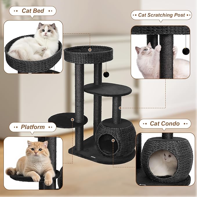 KAMABOKO Modern Cat Tree, 39" Tall Cat Tree Black for Kittens Climb Play & Rest, Cat Trees for Indoor Cats w/Natural Sisal Scratching Posts, Hand-Woven Condo & Top Perch