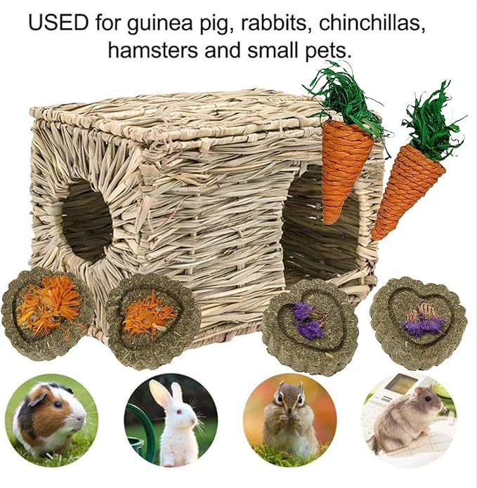 kathson 2 Pcs Rabbit Grass House Natural Foldable Hand Woven Seagrass Bed Carrot Hay Toy Hut Safe Comfortable Playhouse with Bunny Chew Toys for Bunny Hamster Guinea Pig Chinchilla Ferret