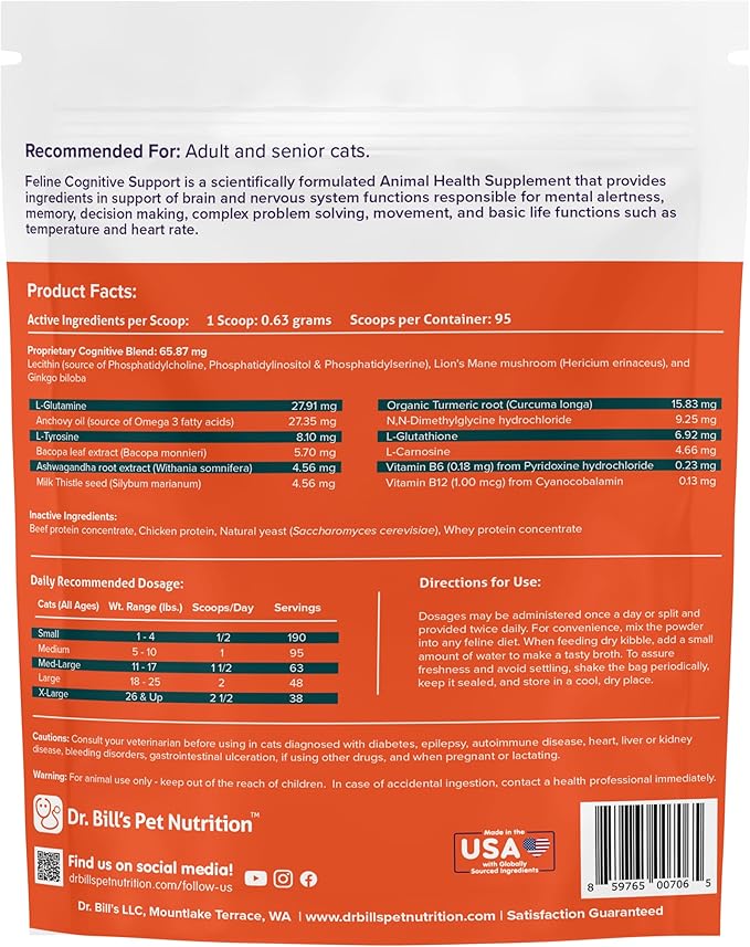 Dr. Bill's Feline Cognitive Support | Memory Support Supplement for Cats | Pet Supplement | Contains Gingko Biloba, L-Carnosine, Vitamin B-12, L-Glutamine, L-Tyrosine, and DHA