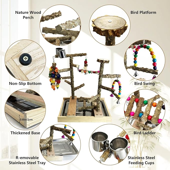 Tfwadmx Bird Playground Natural Wood Bird Play Stands Parrot Perch Stand with Removable Tray Climb Ladders Swing Chewing Toys for Lovebirds Cockatiels Budgies