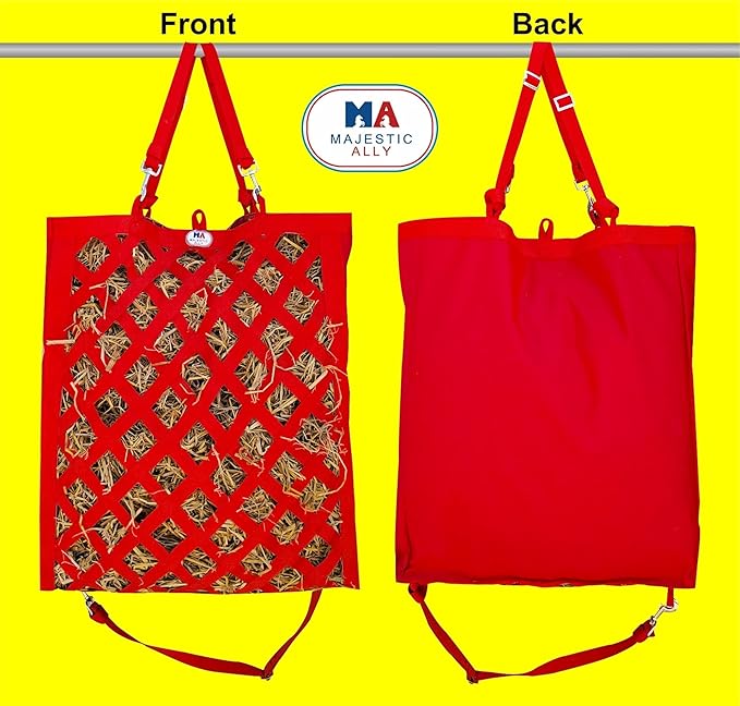 Majestic Ally Premium Nylon Hay Bag for Horses and Livestock, Simulates Grazing, Slow Feeding, Heavy-Duty PP Webbing,Quick-Adjust Straps, Small Hole for Digestion, Multiple Colors (Red)