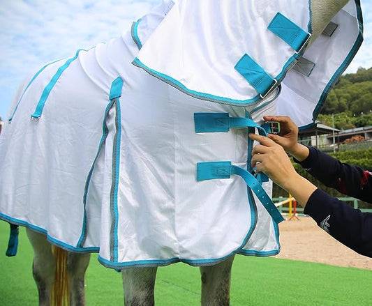 Horse Fly Sheet with Detachable Neck Cover & Belly Wrap, Adjustable Fly Sheet for Horses, Ventilated Airflow Mesh Equine Cooling Summer Flysheet White 84