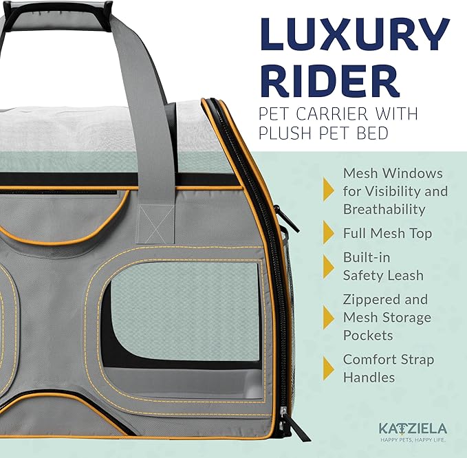 Katziela Rolling Pet Carrier - Airline Compliant with Removable Wheels - TSA Approved for Small Dogs and Cats - Soft FAA Travel Airplane Underseat Wheeled Luggage