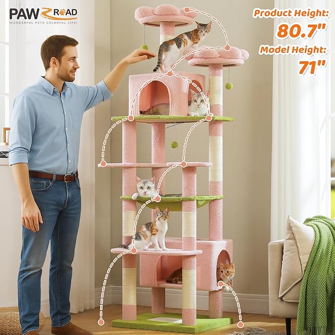 PAWZ Road Flower Cat Tree for Large Cats, 81 Inches Pink Tall Cat Tower with 2 Perches, 2 Condos and Spacious Hammock, XL Extra Large Condo with 7 Scratching Posts for 20lb+ Adult Cats