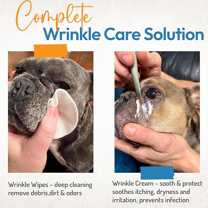 Bulldog Wrinkle Wipes & Cream Bundle - Deep Cleaning Wrinkle Wipes + Soothing Dog Wrinkle Cream - Hypoallergenic for Bulldogs, Pugs, Frenchies (100 Wipes + 85g Cream)