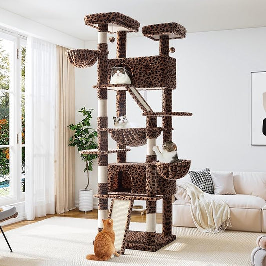 Allewie 81 Inches Tall Cat Tree/Multi-Level Large Climbing Tree House and Towers for Big Feline/Condo and Hammock/Scratching Post/Wide Base/Leopard Print