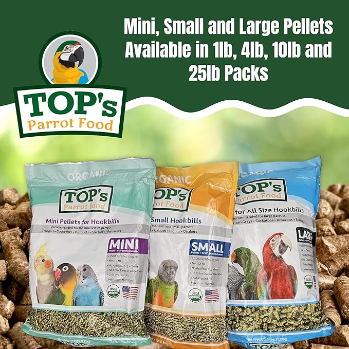TOP's Parrot Food Pellets Hookbills, Small, Medium and Large Parrots - Non-GMO, Peanut Soy & Corn Free, USDA Organic Certified - 4 lb / 1.81 kg