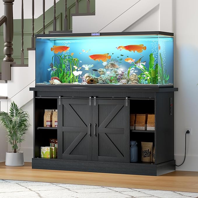 55-75 Gallon Fish Tank Stand with Sliding Barn Doors & Power Outlet, Heavy Duty Aquarium Stand with Cabinet Storage for Fish Tank, Turtle Tank, Reptile Terrarium, 1000LBS Capacity, Black