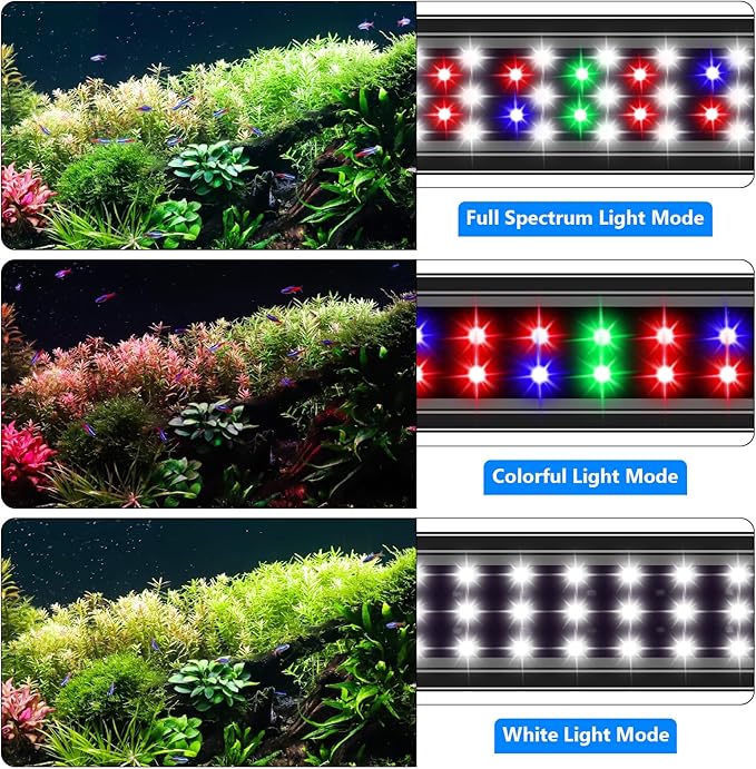 AQQA Full Spectrum Aquarium Light,Fish Tank Lights for Plant Growth Fish Viewing,3 Mode White Blue Red Green LED Beads,Timer,Adjustable Brightness,Extendable Brackets for Freshwater 26W for 32-40inch