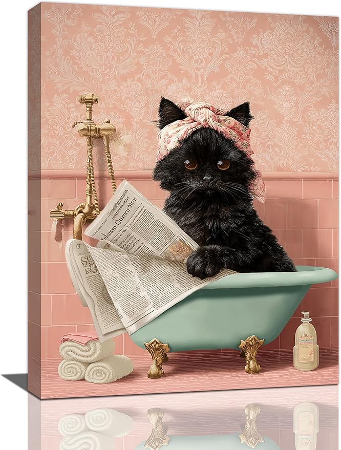 Cat Bathroom Wall Decor Black Cat Reading Newspaper in Bathtub Canvas Wall Art Funny Bathroom Pictures Kitten Painting Print Pink Artwork Framed Decorations Gifts 12"x16"