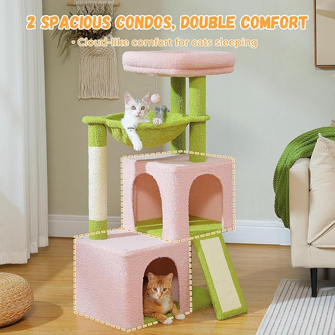 PAWZ Road Large Cat Tree, 41 Inches Multi-Level Cat Tower with 2 Spacious Condos for Large Indoor Cats, Pink Flower Cat House with Comfy Hammock, Padded Perch, Scratching Pad and Replaceable Balls