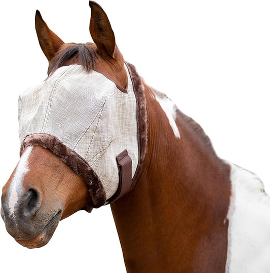 Kensington Fly Mask with Fleece Trim for Horses — Protects Face and Eyes from Flies and Sun Rays While Allowing Full Visibility — Breathable and Non Heat Transferring, X-Large, Tan