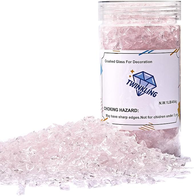 TWINKLING High Luster Fire Glass Gravel Stone Glitter,Broken Glass,Fire Gems Chips,Crushed Glass for Fire Pit Crafts Resin Art Aquarium Garden Decoration,3-6mm,1-Pound Jar (Pink)