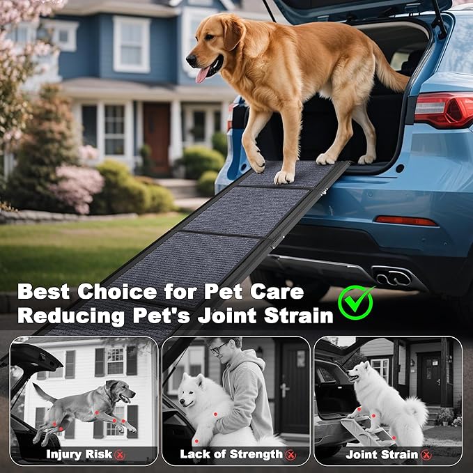 AQUILLA Dog Ramp for Car, 67" Aluminum Foldable Pet Ramp with Anti-Slip Soft Surface, Outdoor Portable Pet Ramp for Old & Medium & Large Dogs Enter Caravans, High Bed, Up to 250LBS (67" L x 17.3" W)