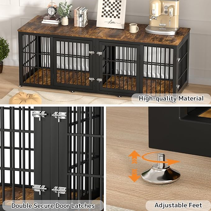 78 Inch Double Dog Crate Furniture, Heavy Duty Extra Large Cage Furniture with Divider for 2 Dogs, Decorative Wooden Kennel Furniture Indoor, Metal Pet House for Large and Medium Dogs