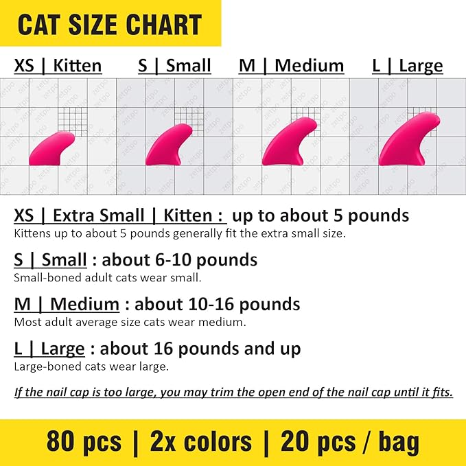 zetpo 80 pcs Cat Claw Covers | Cat Nail Caps | with Adhesives and Applicators (XS, Black, White)