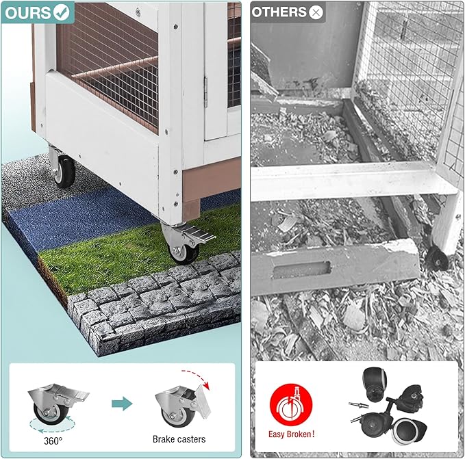 Rabbit Hutch Indoor Bunny House Guinea Pig Cage with Sliding Plastic Trays, Wheels & Ramp, 47.2" Multi-Door Wooden Small Animal Cage for Rabbits, Bunnies, and Guinea Pigs (Brown)